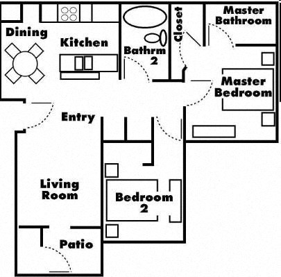 Floor plan for 2 beds, 2 baths, 1006 sqft